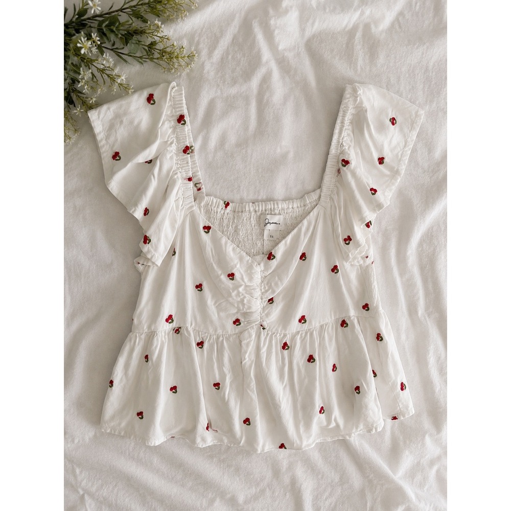 Japna White Cherry Embroidered Smocked Peplum Top Cap Sleeve Square Neck M